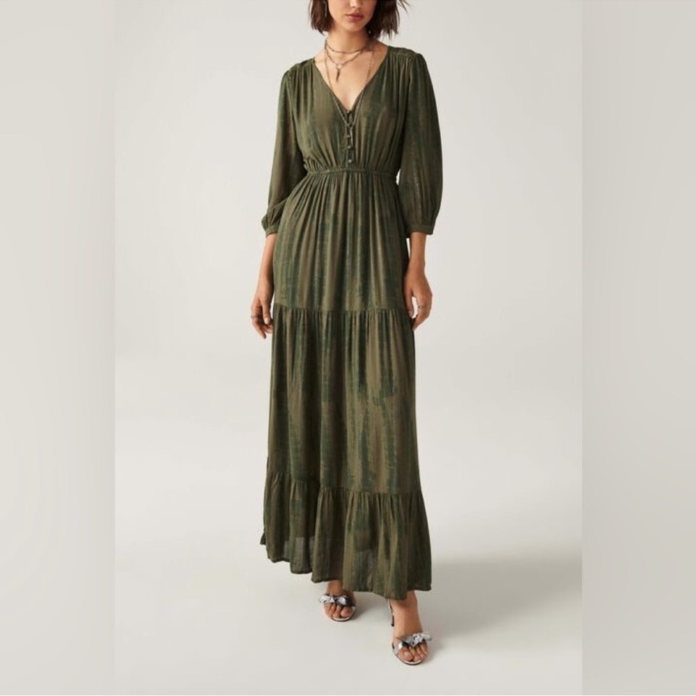 Ba&sh Kezia Maxi Long Dress Green Tie Dye Long Sleeve Open Back